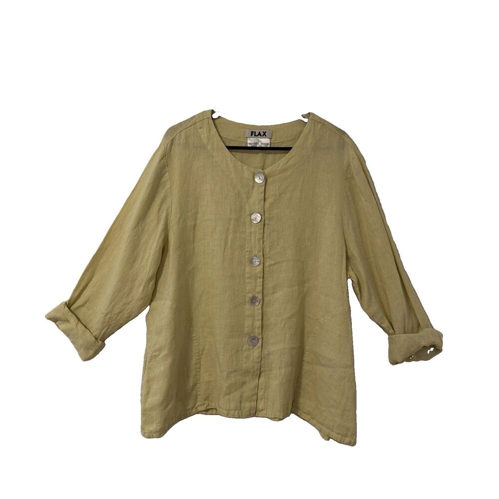 Flax 100% Linen Blouse Top Yellow Button Lagenlook Oversized - Womens Large